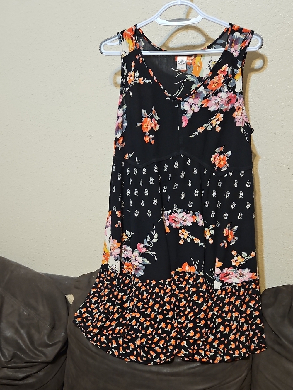 Bila Black Floral Midi Dress with Orange and Pink Accents